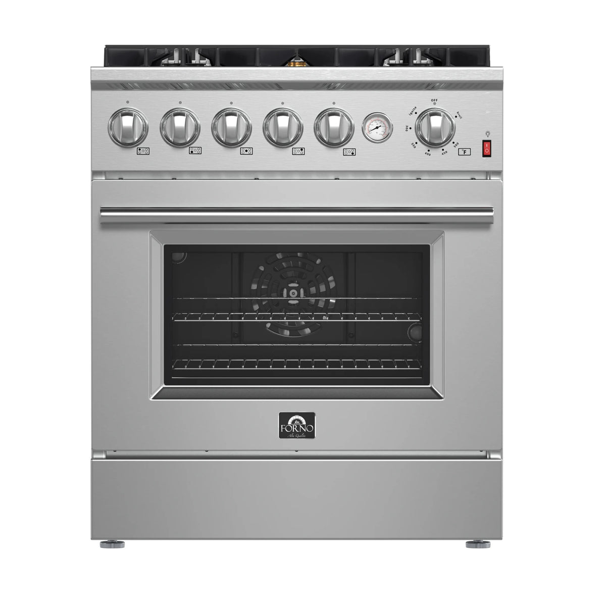 Stainless steel 30-inch gas range with five burners and convection oven door window