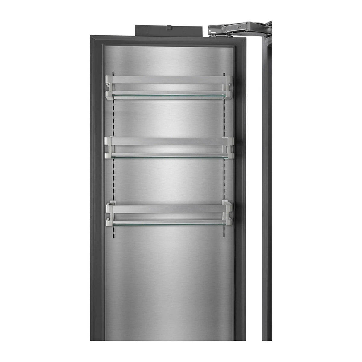 Stainless freezer interior with wire shelves and rails, open door view.