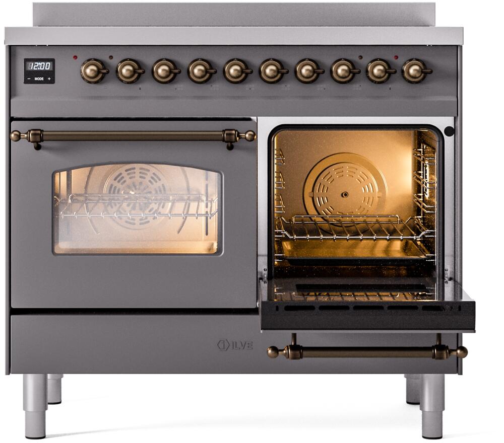 Freestanding induction range with right oven door open, showing heated rack and fan area.