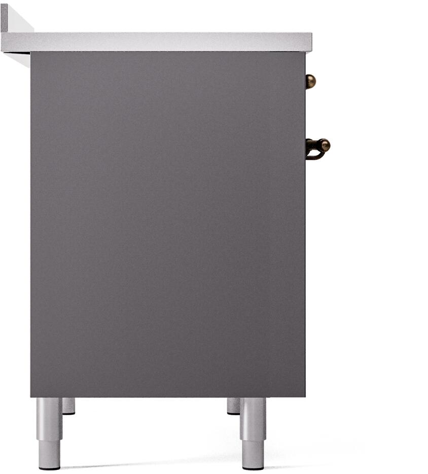 Freestanding induction range side panel with bronze handle and leveling legs, matte graphite.