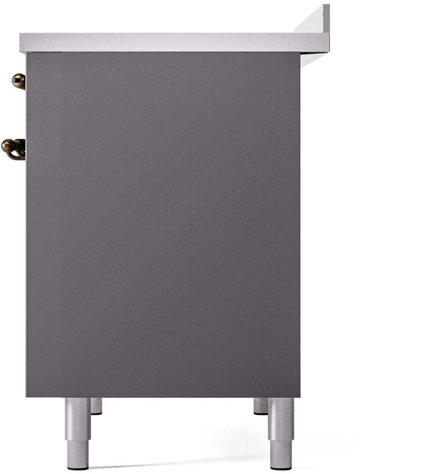 Freestanding induction range back side view with leveling legs, matte graphite finish.