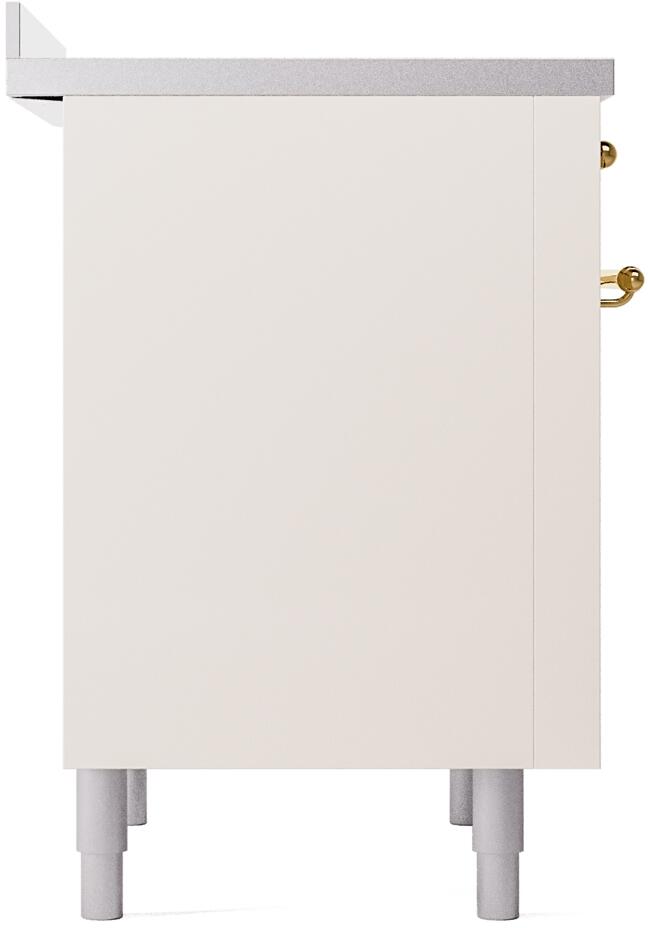 Antique white range side panel with brass handle detail and leveling legs