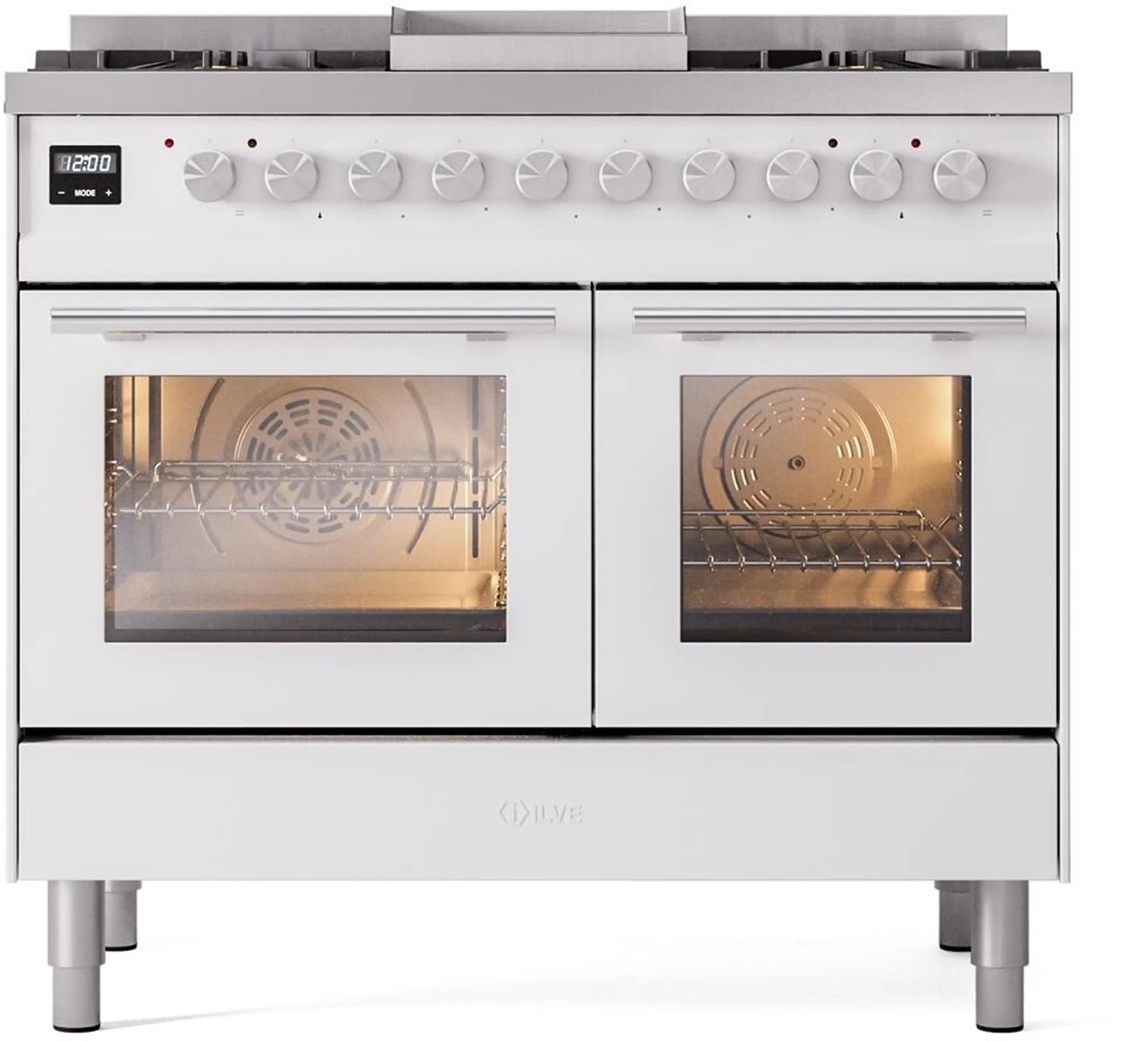 Freestanding dual-fuel gas range front with two oven doors and control panel