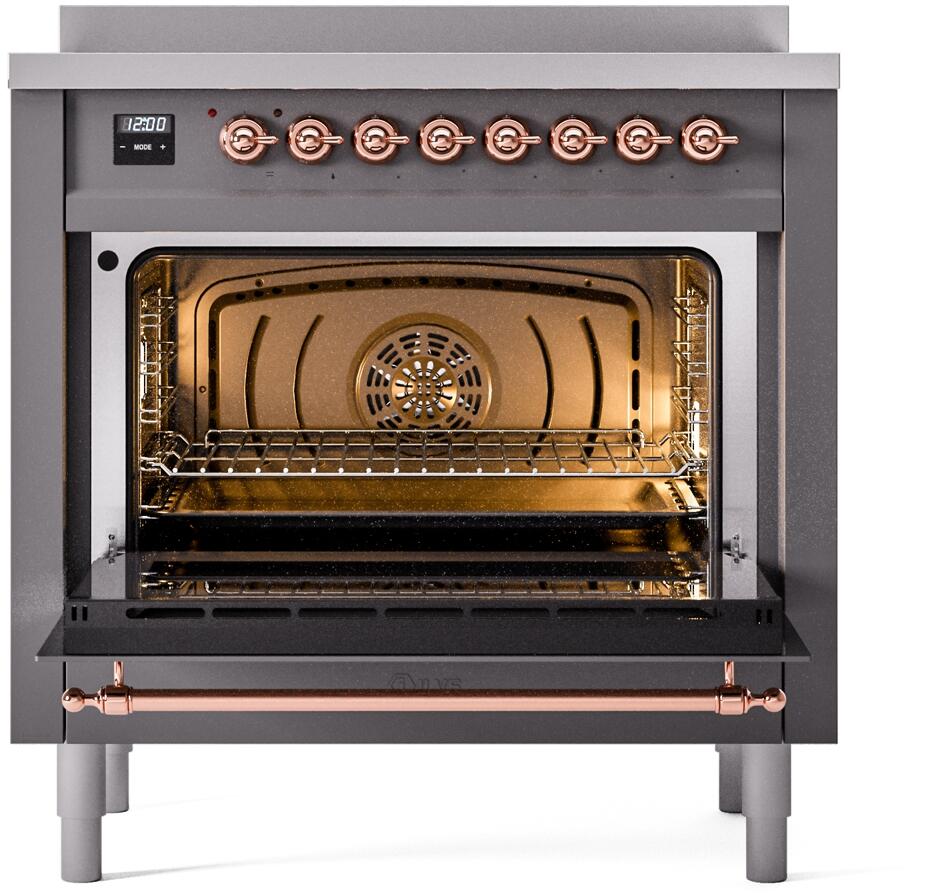 Freestanding induction range oven open with glowing interior, copper handle and rails
