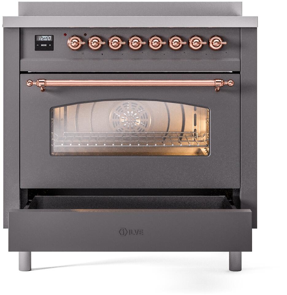 Matte graphite induction range with oven window, copper handle, and lower drawer