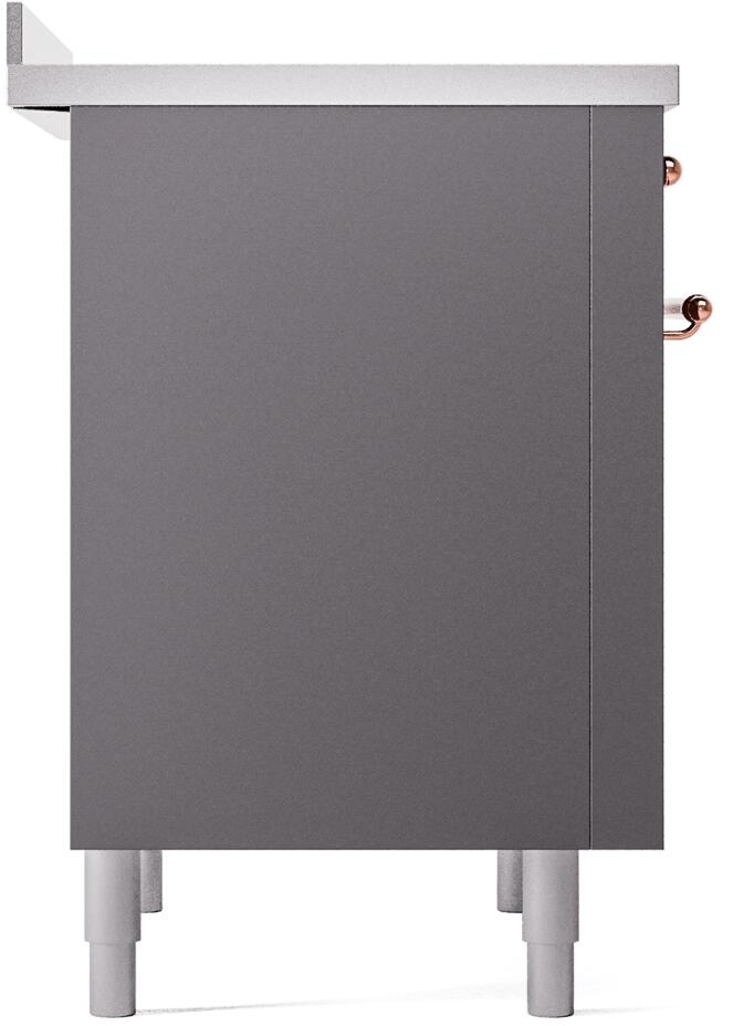 Matte graphite induction range side panel with copper hardware and four leveling feet