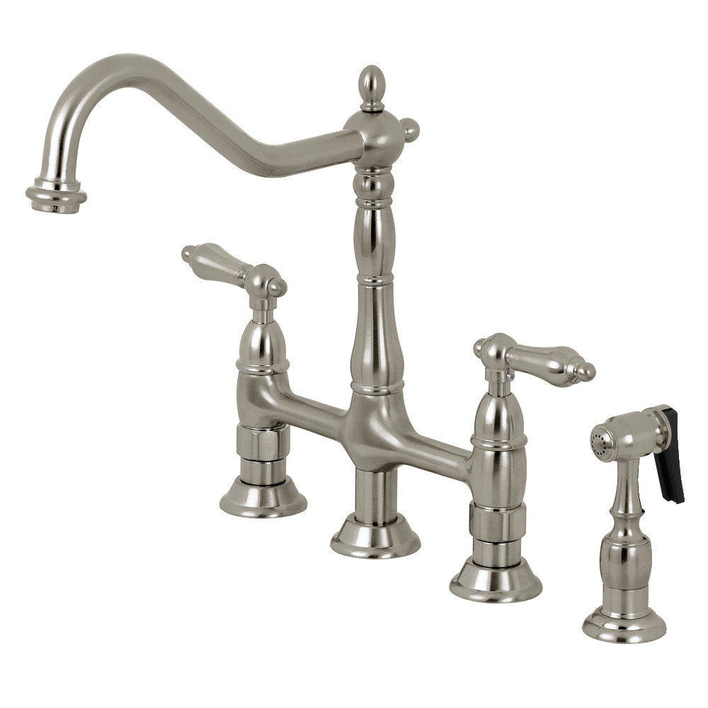 Brushed nickel bridge kitchen faucet with brass side sprayer and two handles