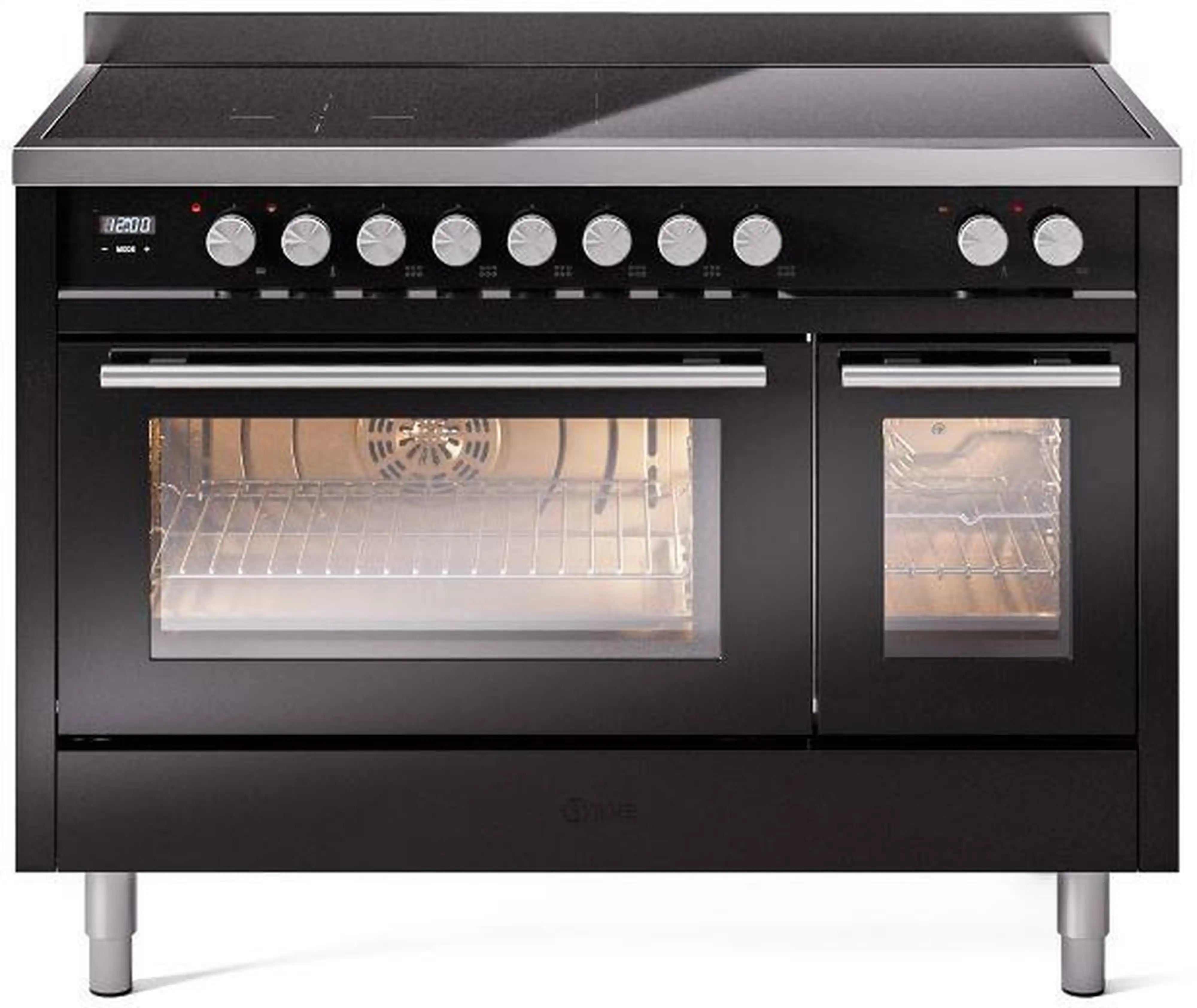 Glossy black induction range with twin oven windows and top row of control knobs