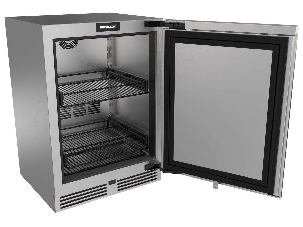Stainless undercounter refrigerator with open door, wire shelves, and interior light