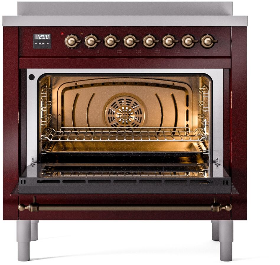 Burgundy electric induction range with open oven door showing racks and interior light