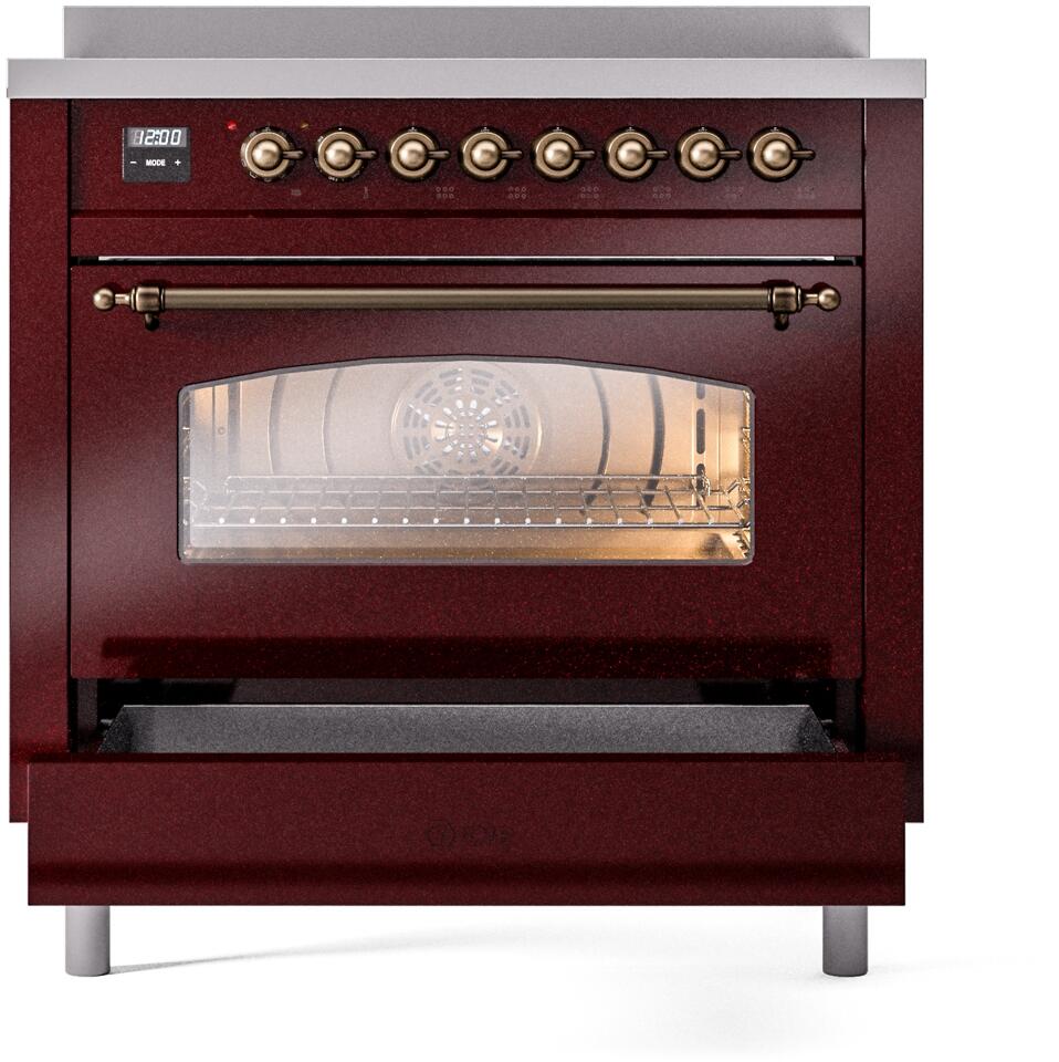 Burgundy electric induction range with bronze knobs and clear oven door window