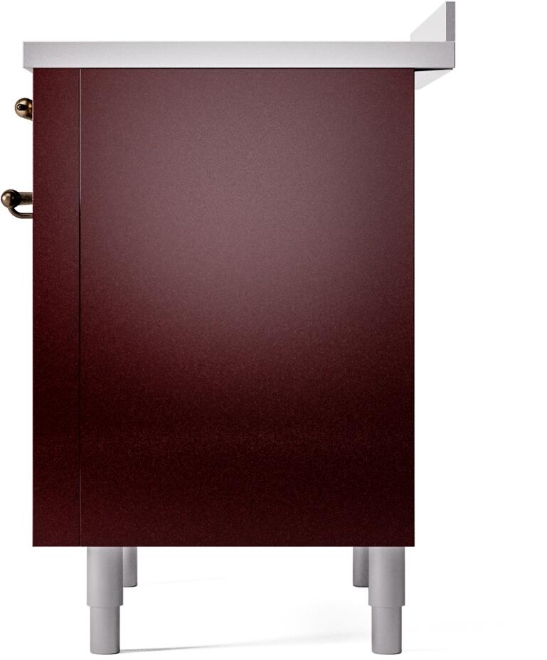 Burgundy electric induction range rear side panel with white legs and bronze hinge