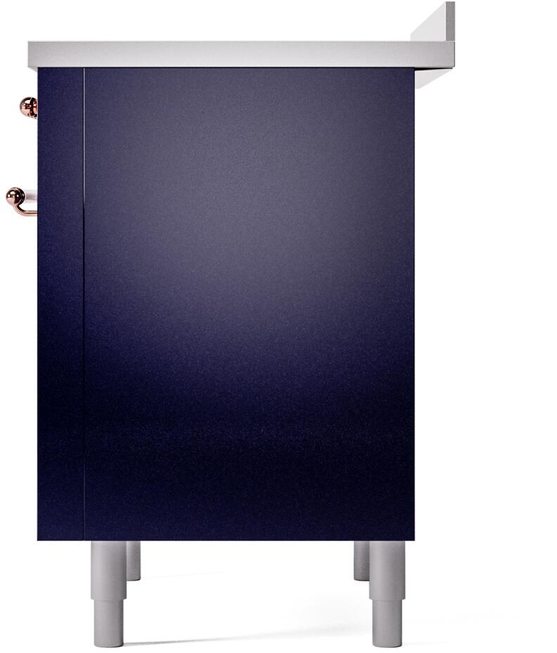 Rear side view of a midnight blue freestanding induction range with silver feet