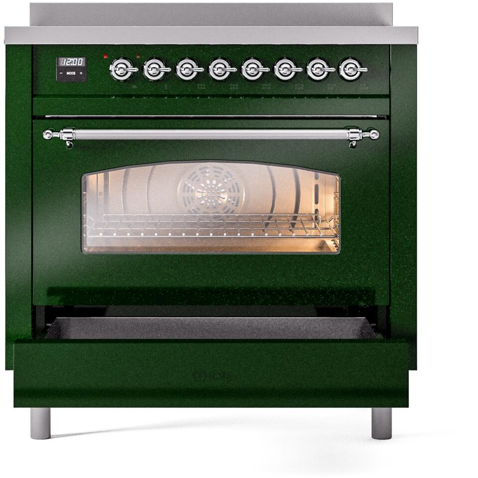Emerald green induction range with chrome handle and glass oven door window