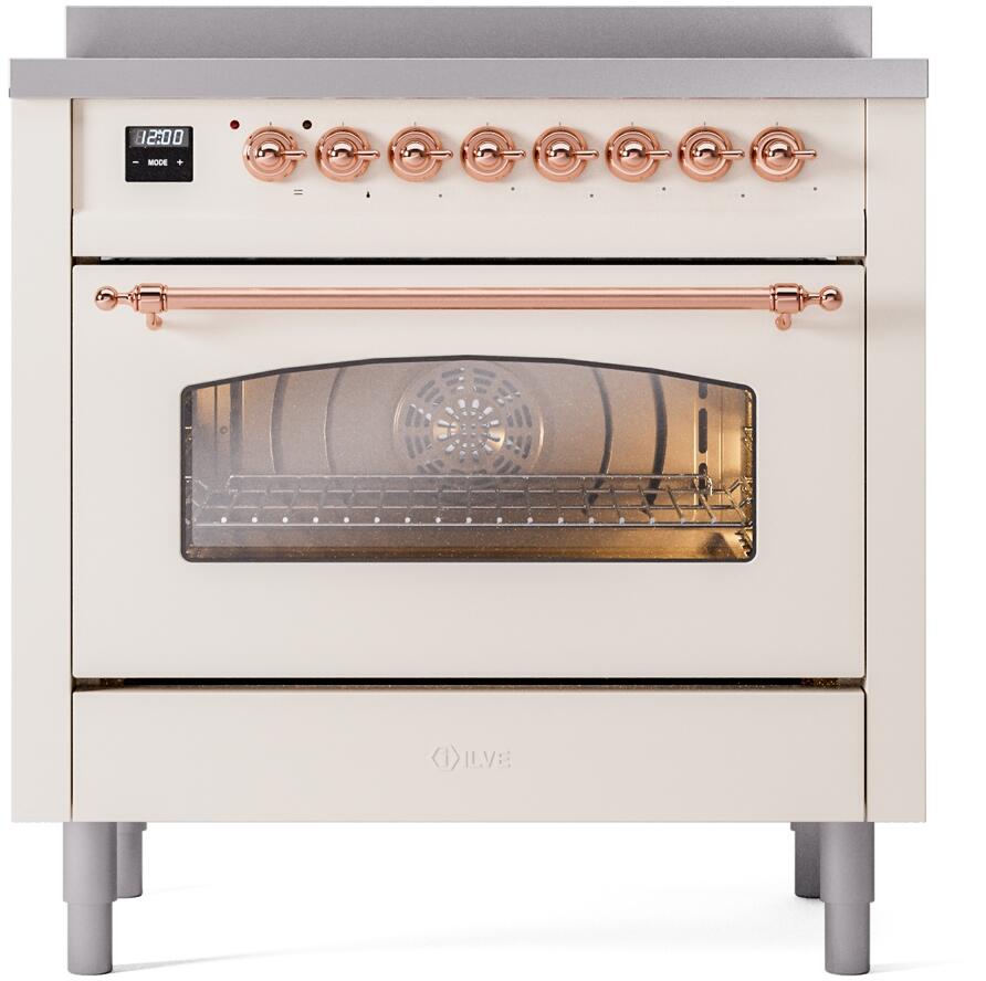 Freestanding induction range with open oven door, copper handle, and front control knobs