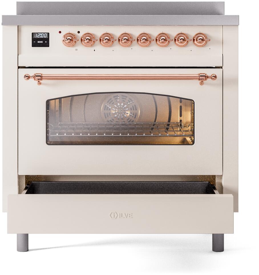 Freestanding induction range front with open door, oven window, and copper handle