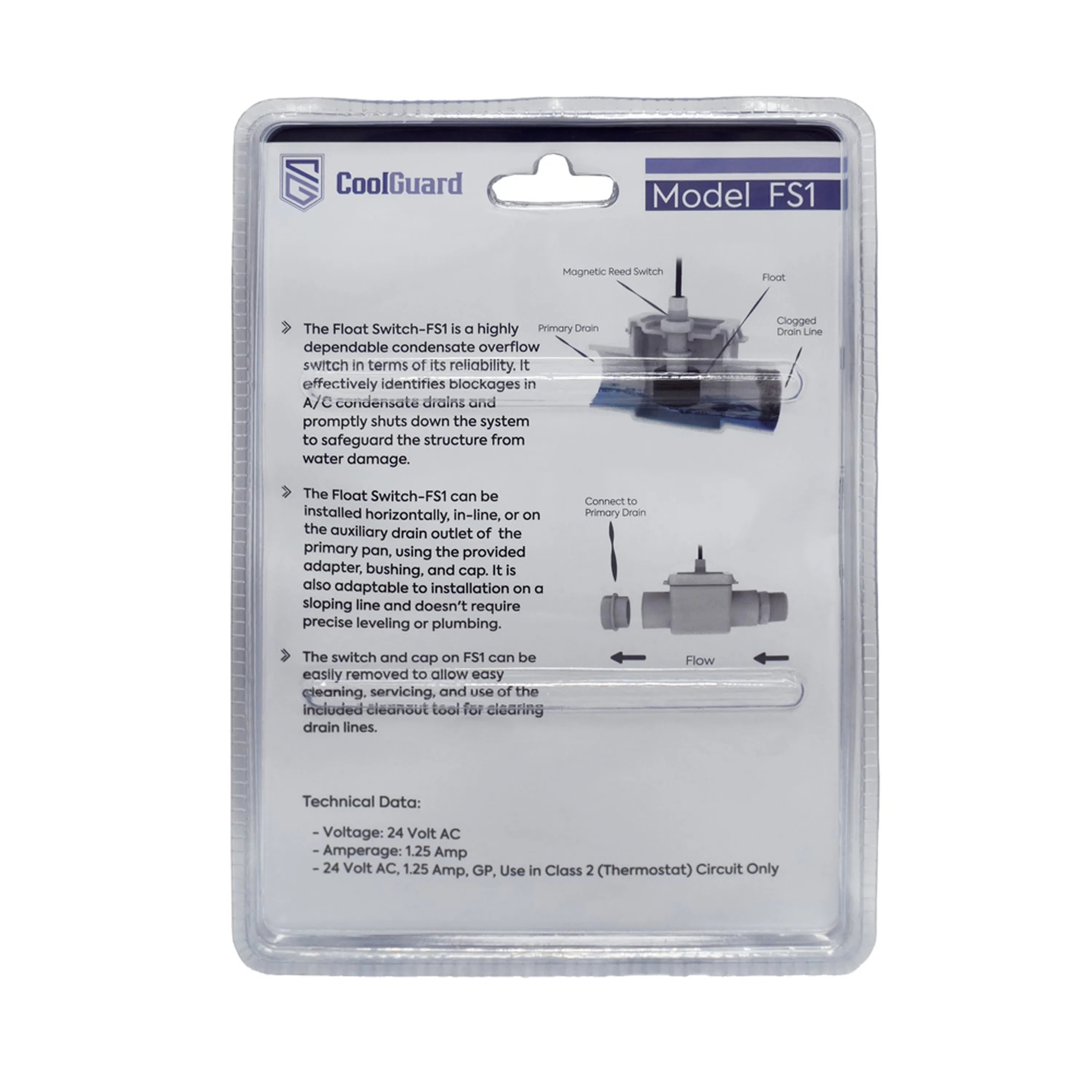 MRCOOL CoolGuard FS1 float safety switch blister back with diagram and specs
