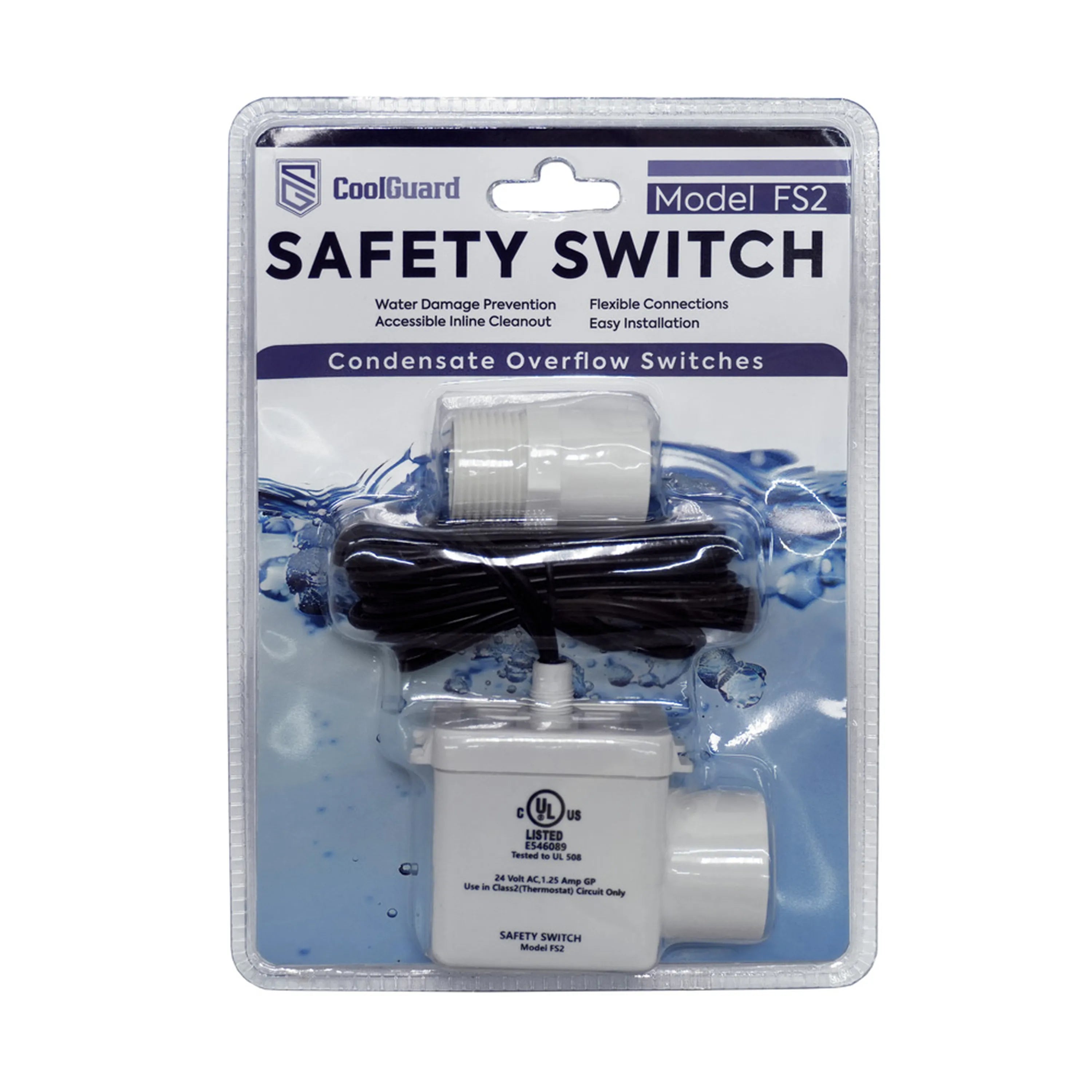 CoolGuard FS2 safety float switch in blister pack with inline connections