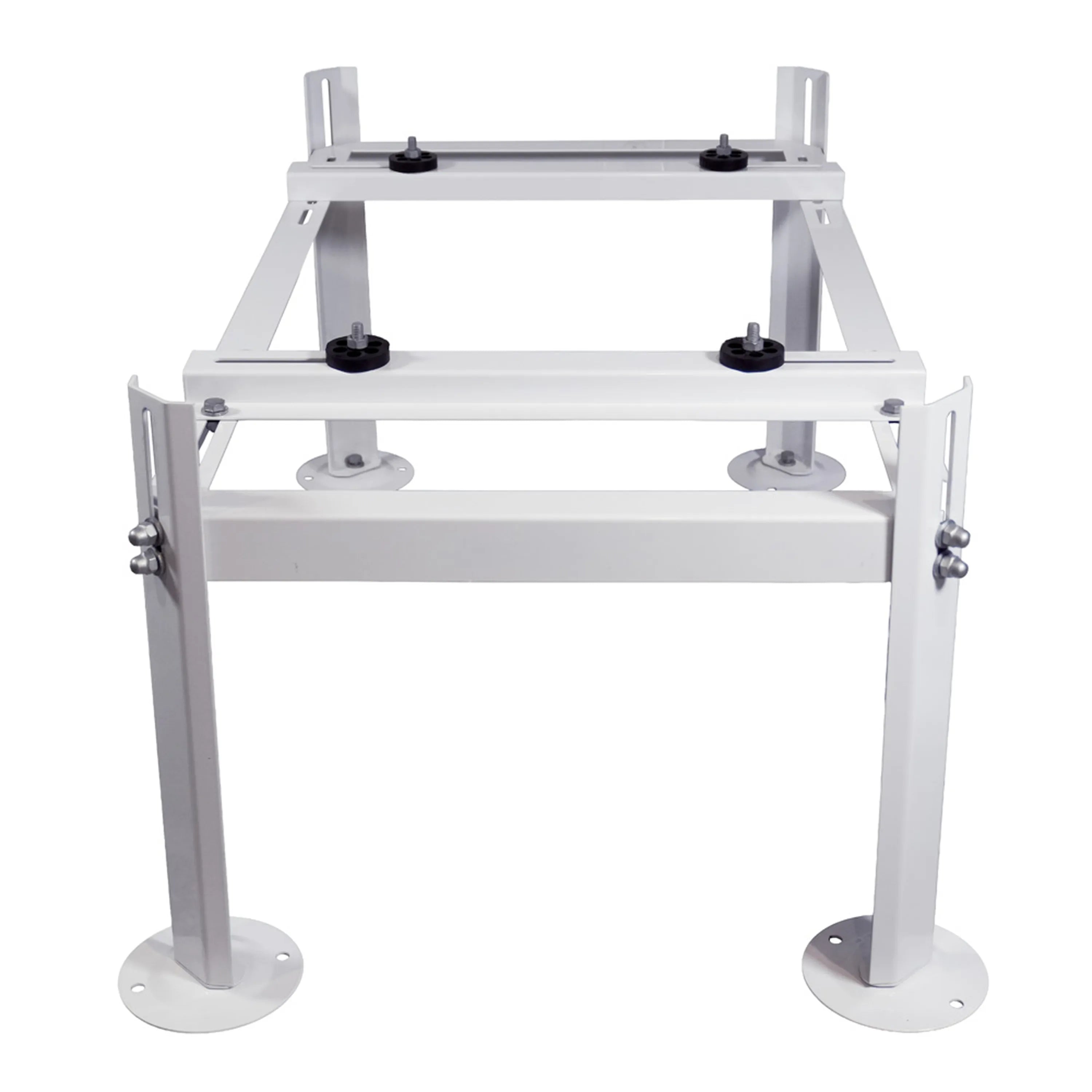White metal condenser support bracket with two front posts, adjustable mounts, base plates