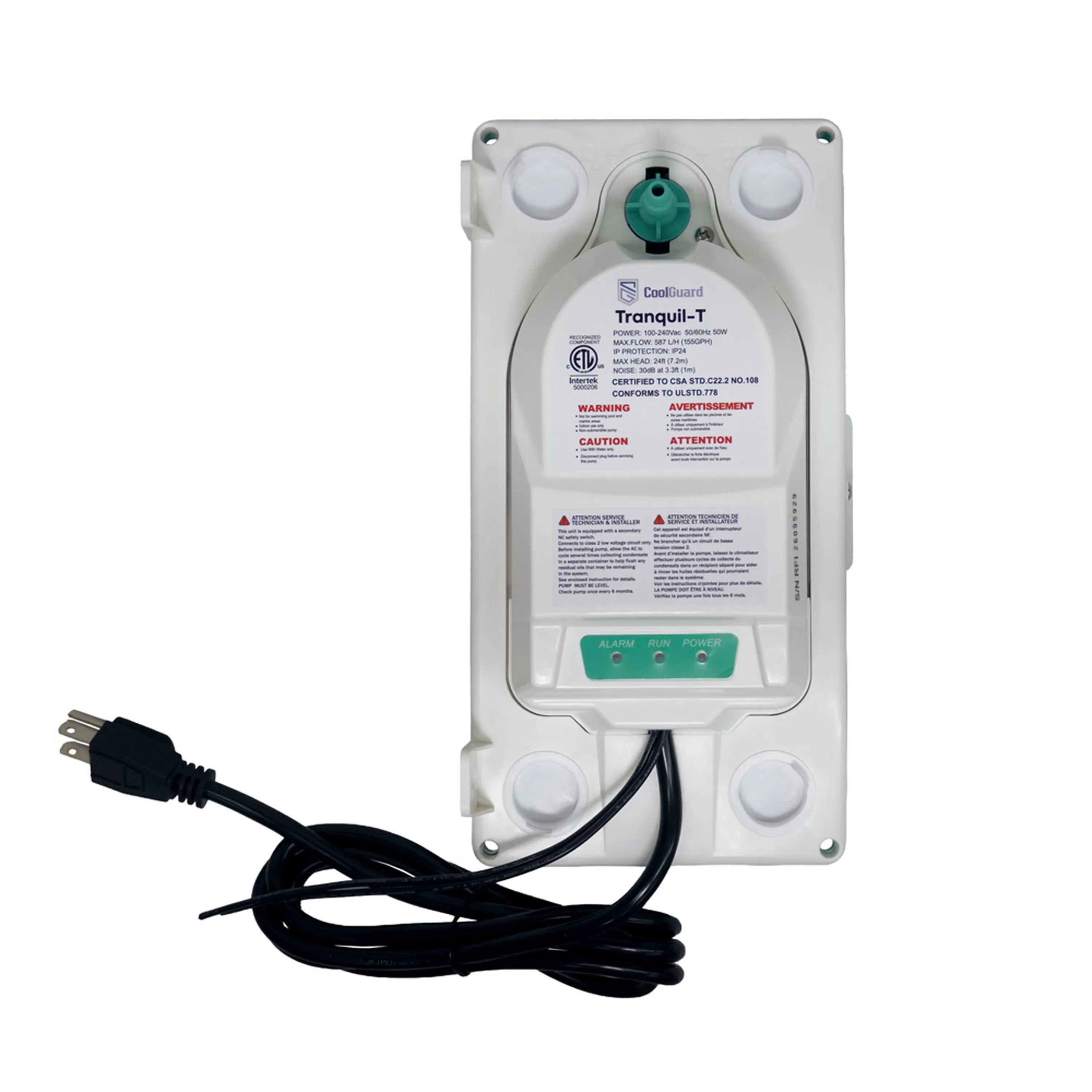 Condensate pump with white control panel, green alarm label, and black power cord