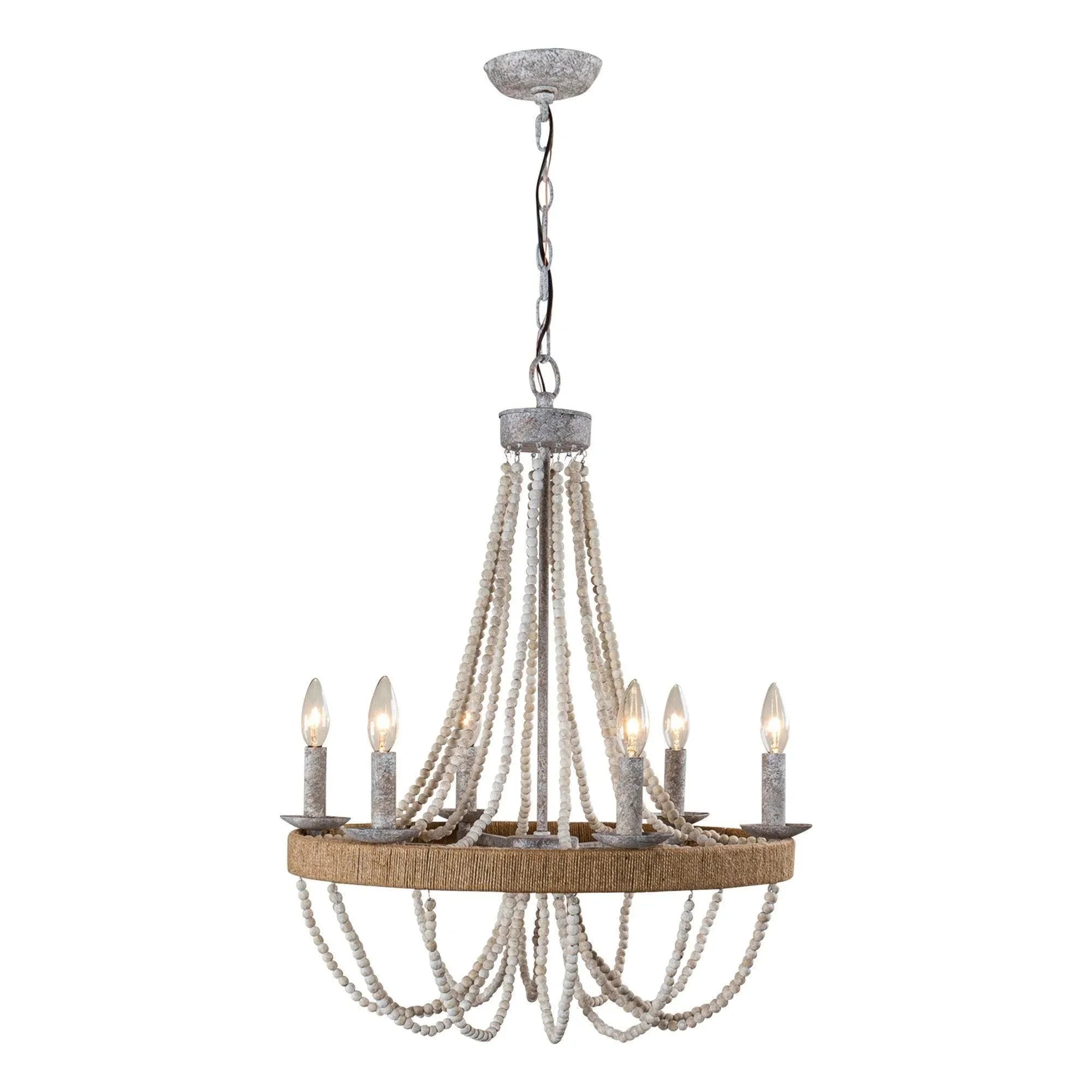 6-light wood bead chandelier with white bead strands, gray top, and candle-style bulbs