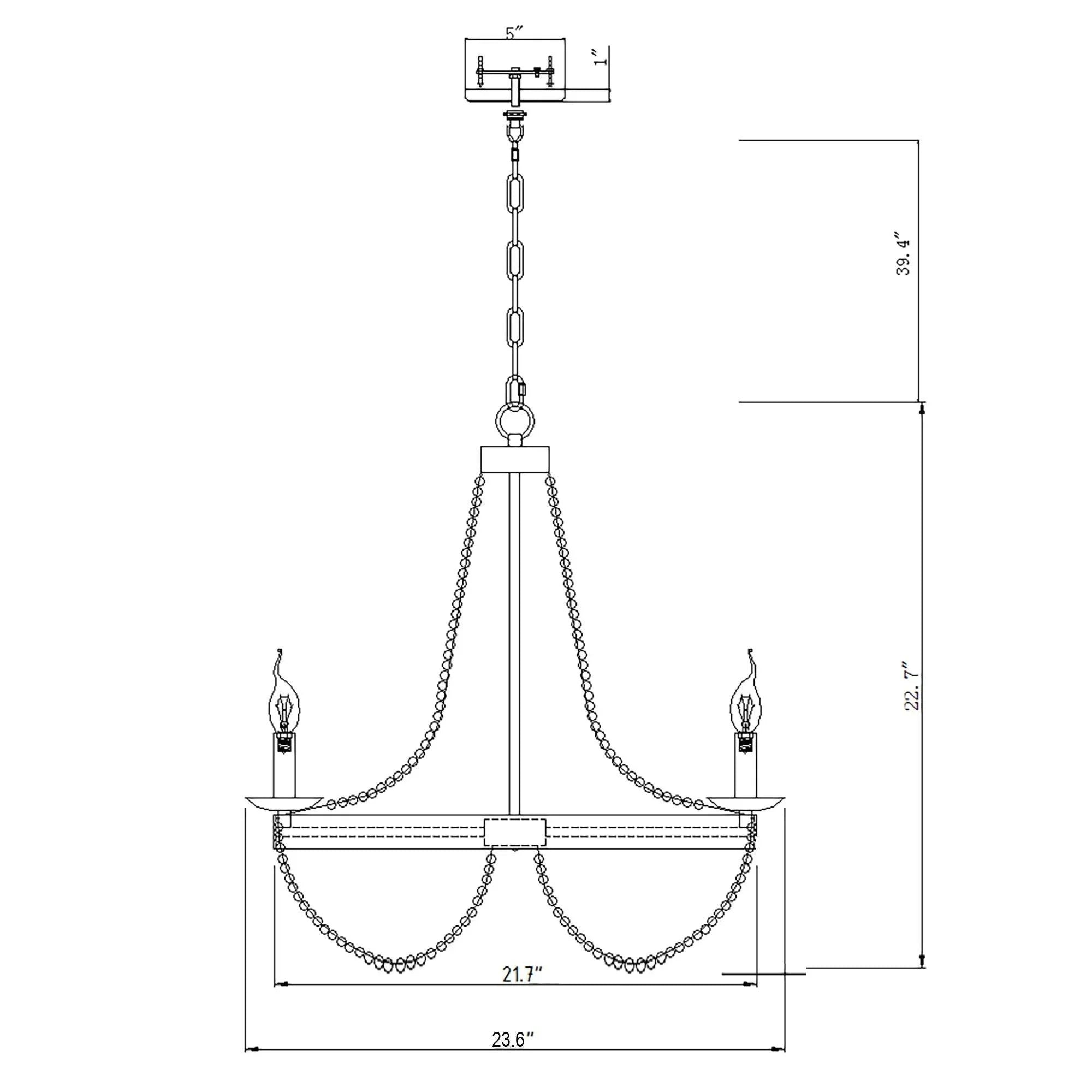 Chandelier dimensions diagram with chain mounting and measured height and width