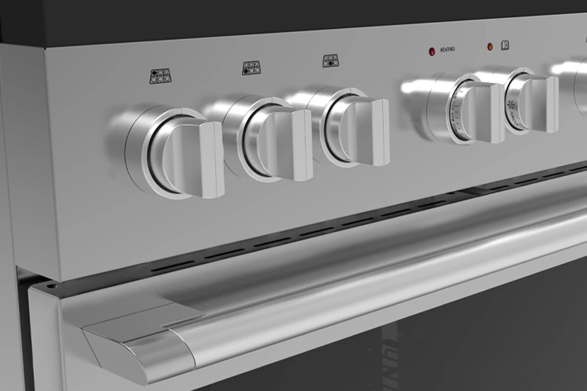 Gas range control panel with four stainless knobs and indicator lights