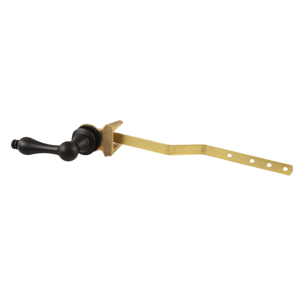 Toilet tank lever with matte black knob and brass mounting arm, front mount