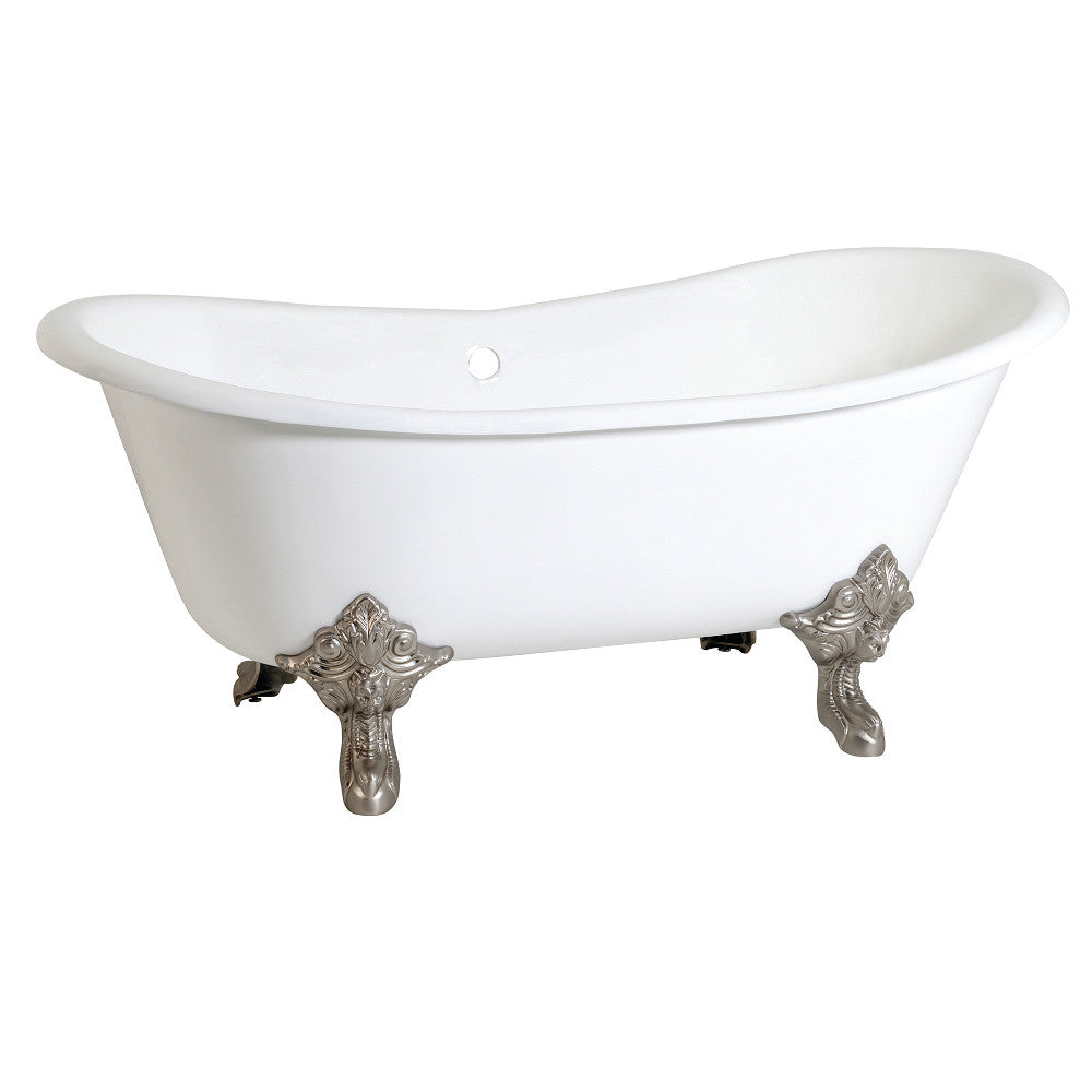 White oval double slipper clawfoot bathtub with brushed nickel feet and center drain opening