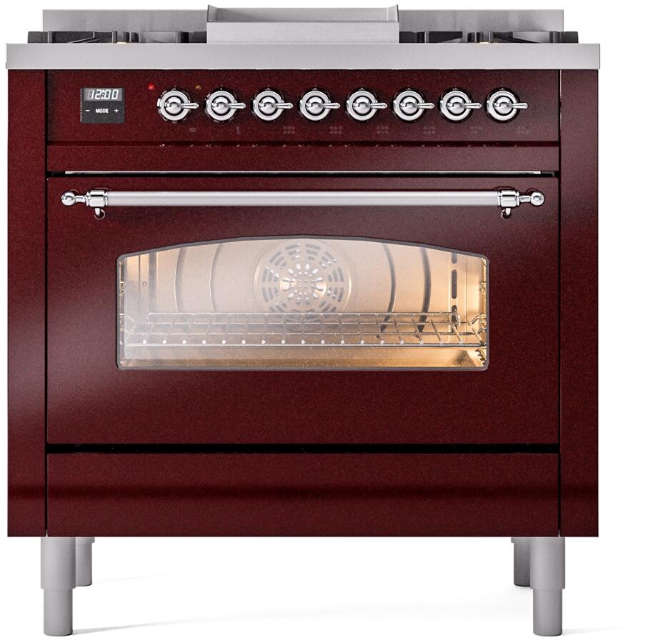 Burgundy freestanding dual fuel range front with chrome handle and oven door window