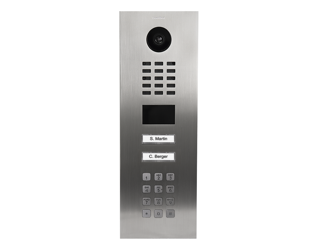 DoorBird video door station in brushed metal with camera, keypad, and two call buttons