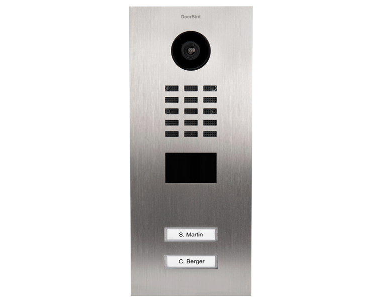Brushed metal DoorBird video door station with camera, keypad, and two name labels