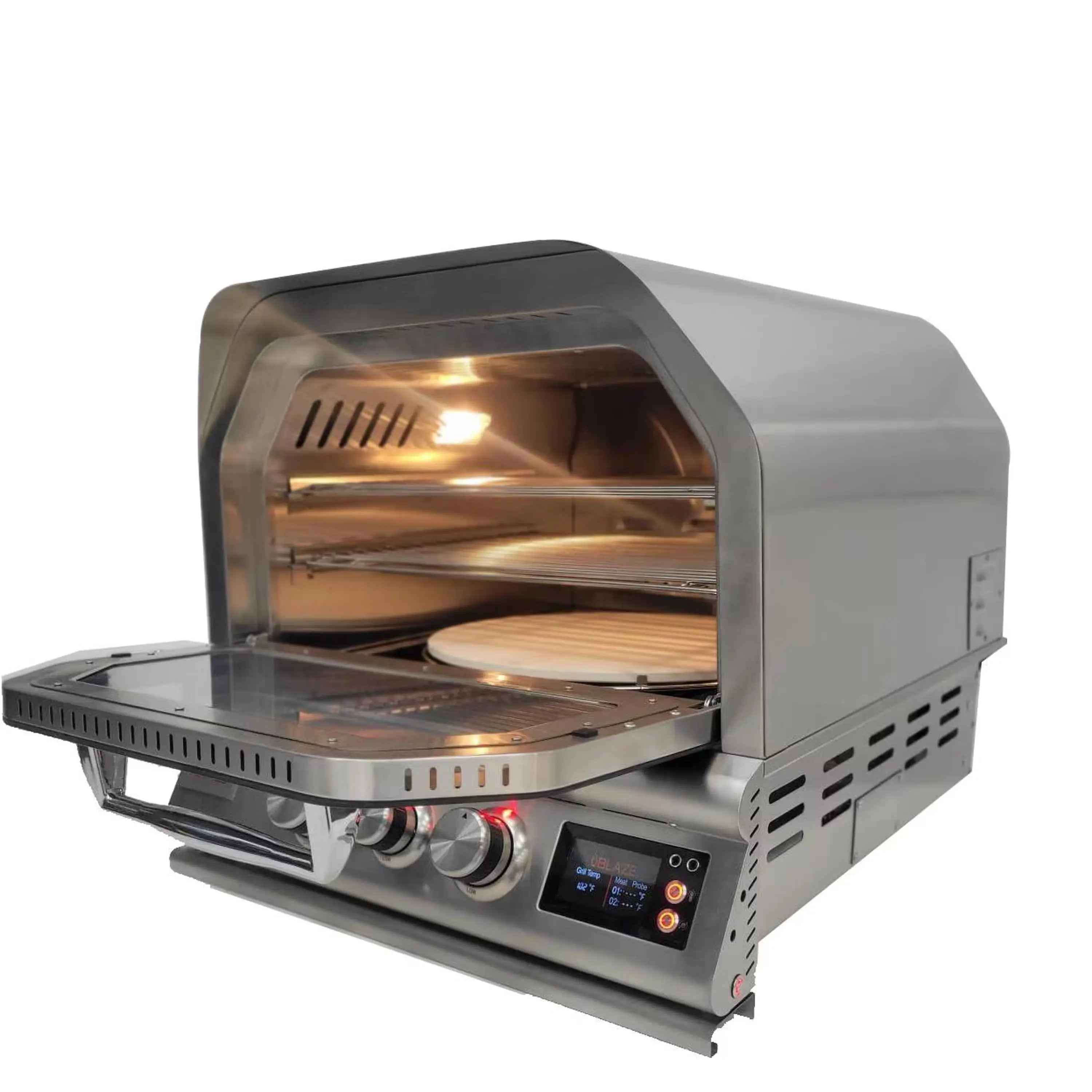 Stainless steel gas pizza oven with open chamber and rotisserie setup visible