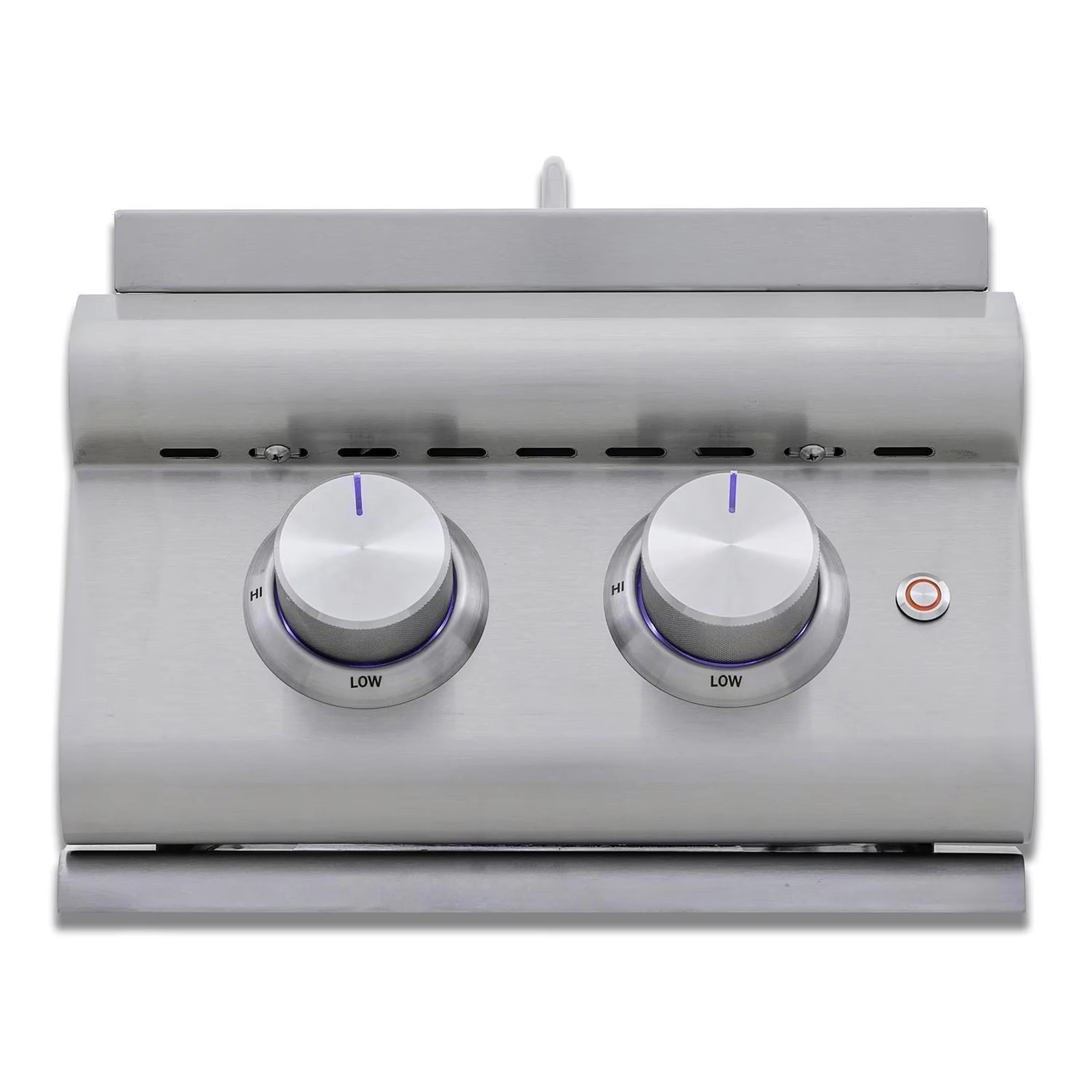 Stainless steel double side gas burner with two low knobs and ignition button