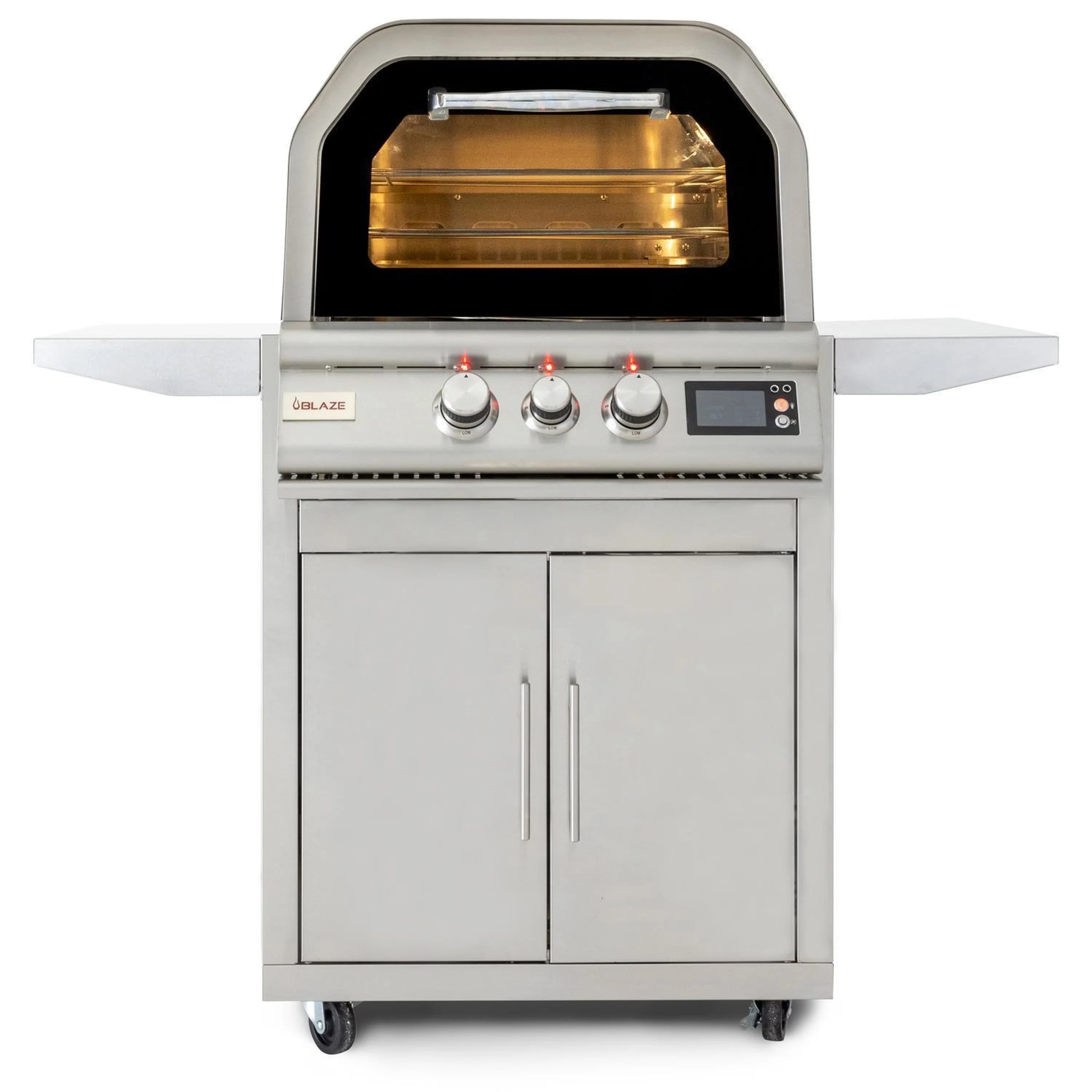 Outdoor natural gas pizza oven cart with rotisserie, stainless cabinet and control panel