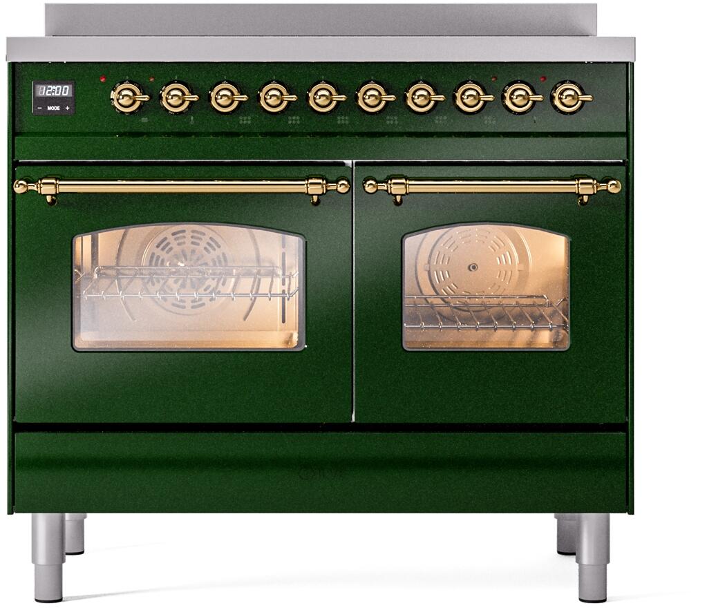 Emerald green electric range with brass control knobs and two closed oven doors