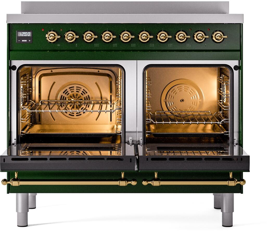 Emerald green electric range with both oven doors open and brass handles