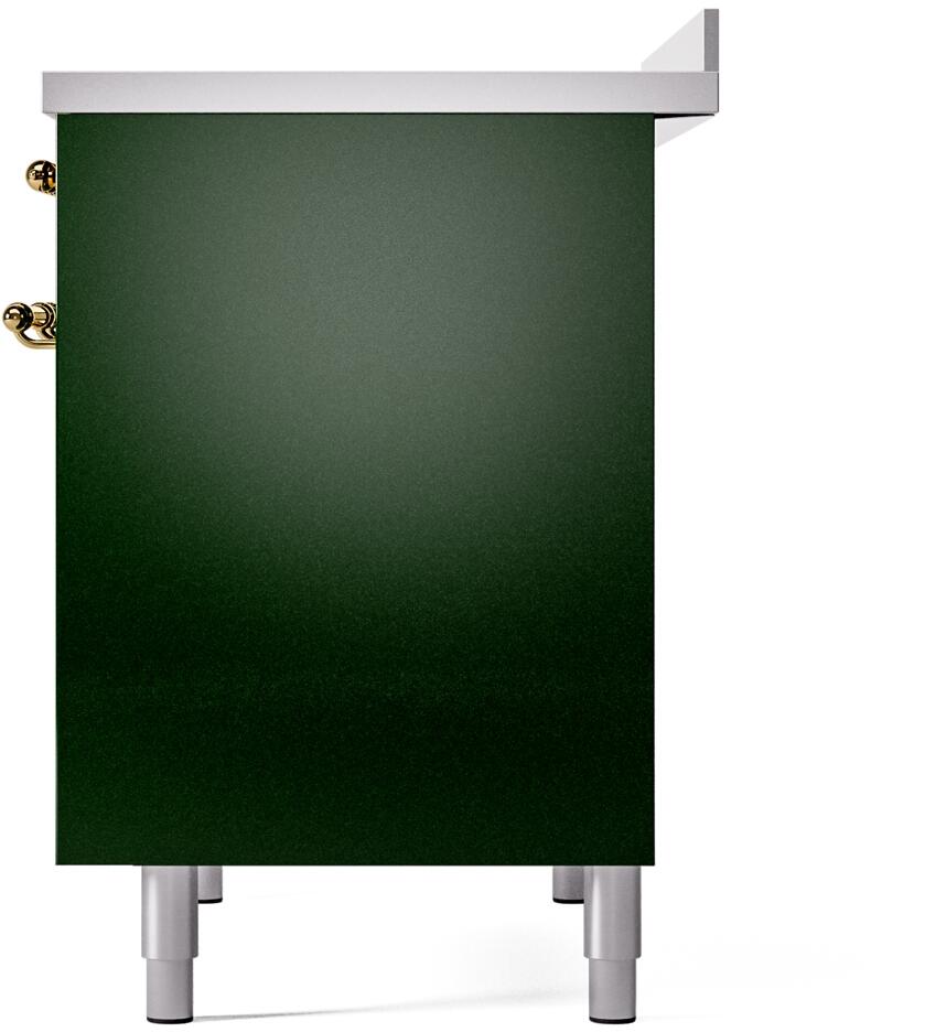 Emerald green side panel of electric range with brass handle and leveling feet