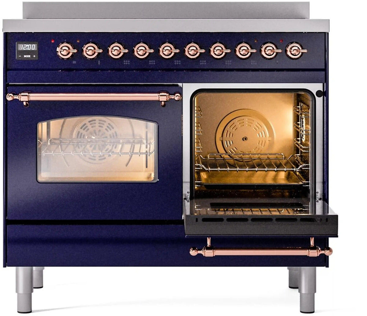 Freestanding electric induction range with two oven doors open, midnight blue and copper trim