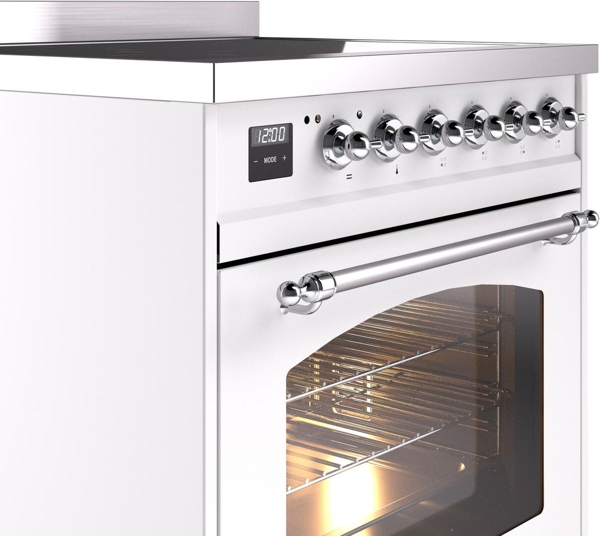 Freestanding electric induction range control panel with chrome knobs and mode display