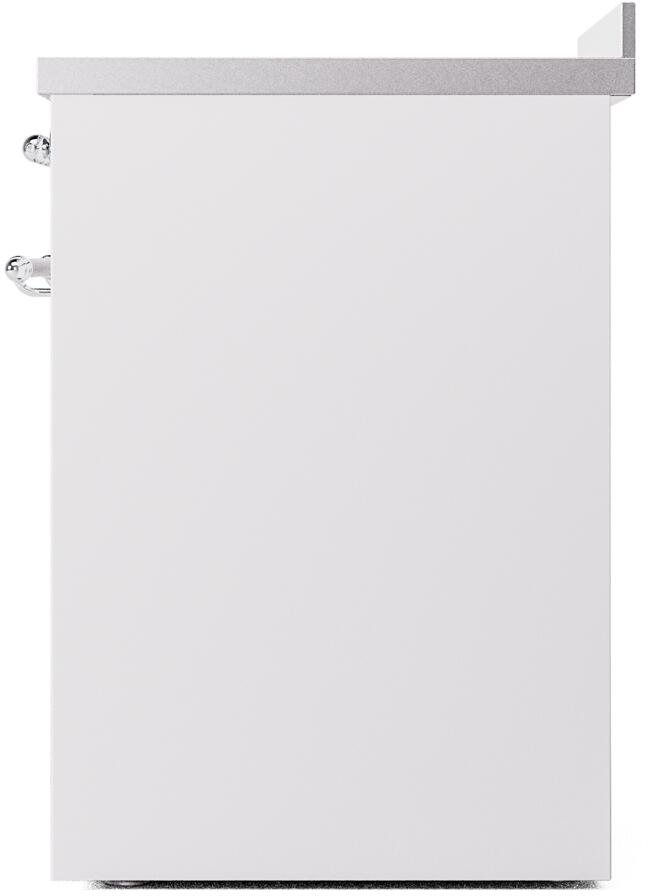 White freestanding electric induction range side panel with chrome handle hardware