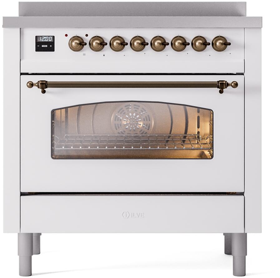 36-inch freestanding electric induction range front, white body with bronze control knobs