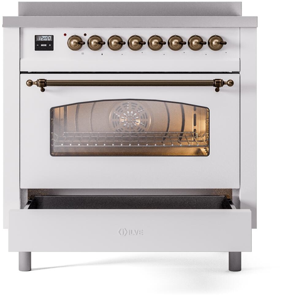 36-inch freestanding electric induction range oven door closed with bronze handle and knobs