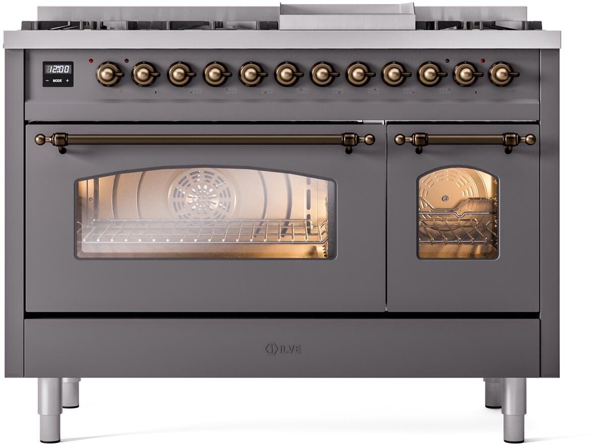 Dual fuel range with both oven doors open, lit interiors, matte graphite and bronze trim