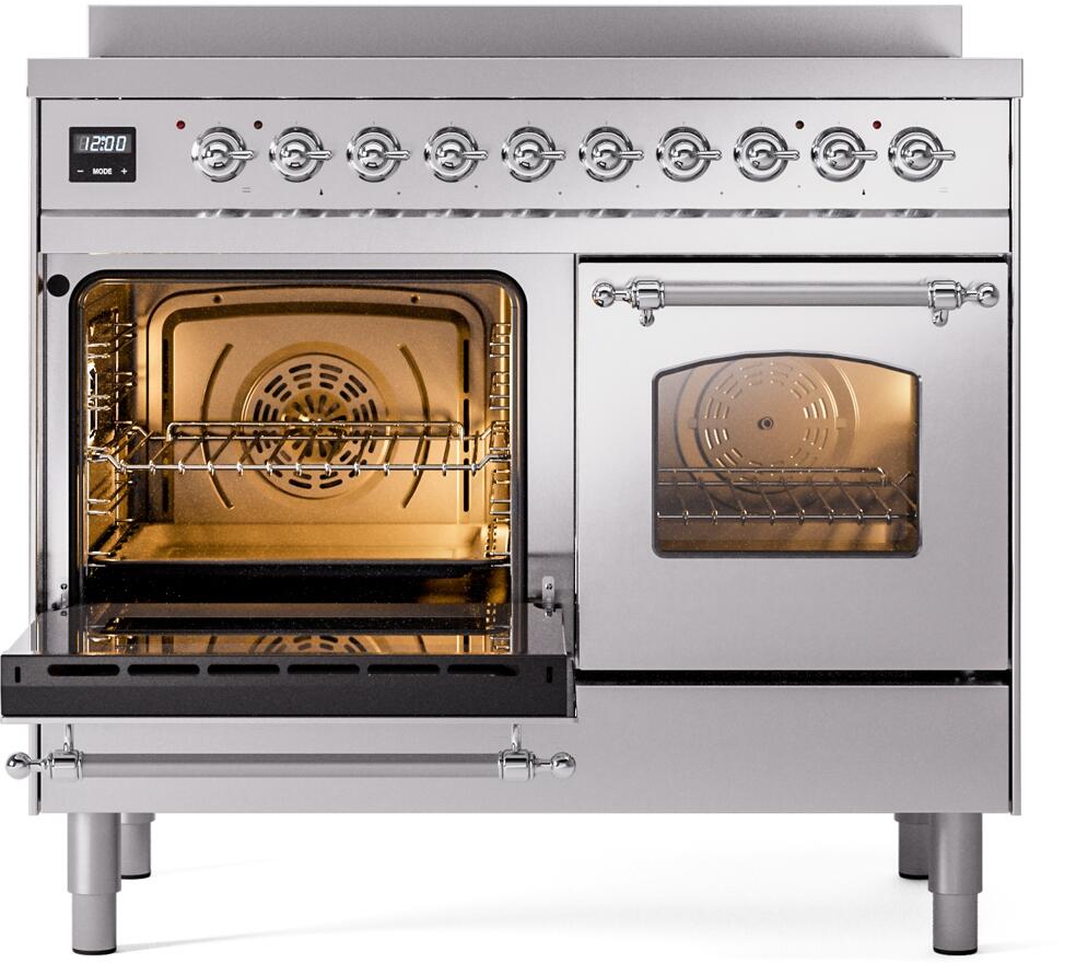 Stainless steel range with one open oven and one closed glass-door oven