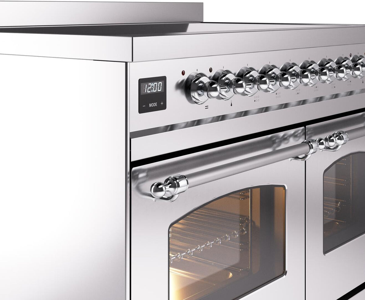 Chrome control knob panel with display and oven handles on a stainless range