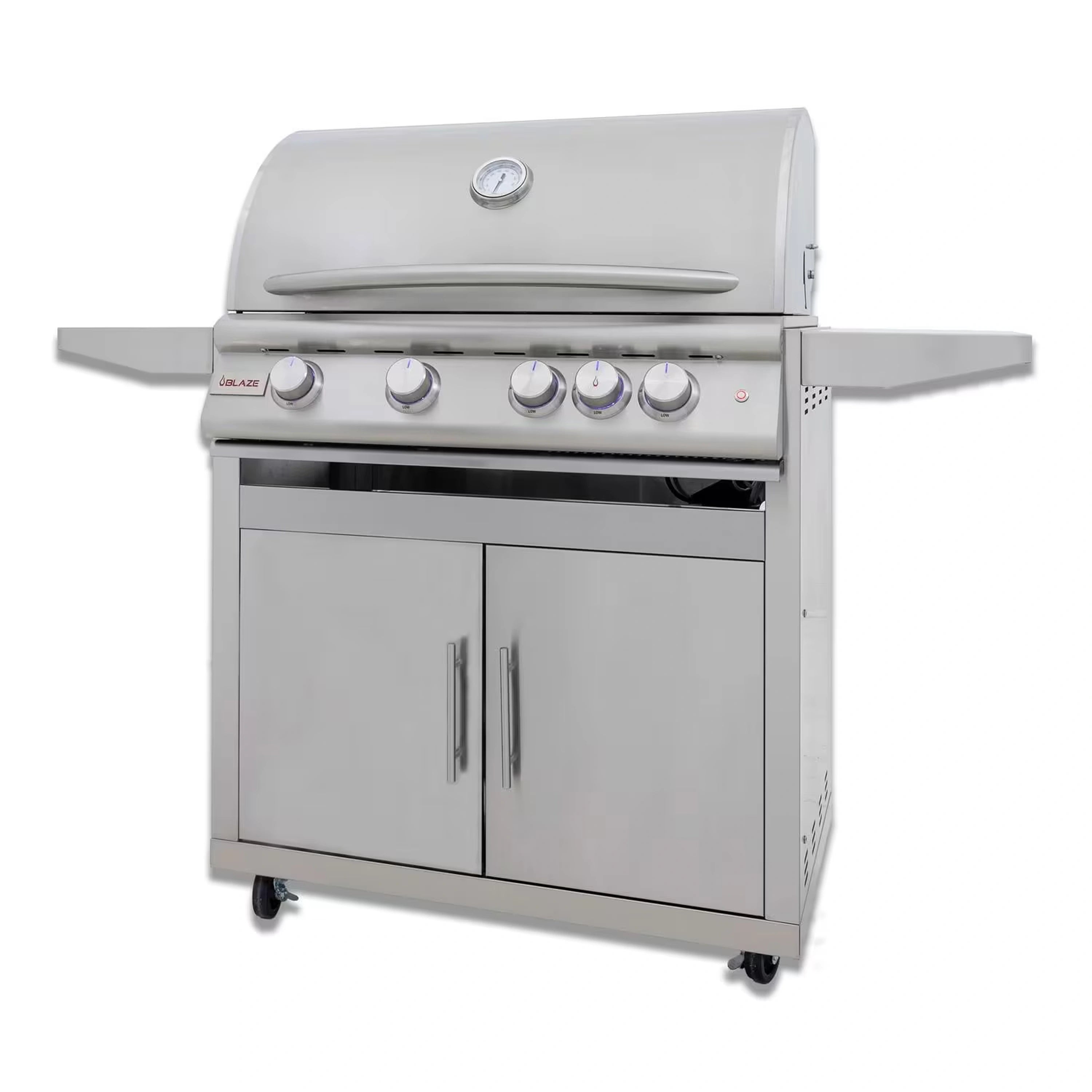 Stainless steel 4-burner freestanding propane grill with control knobs and side shelves