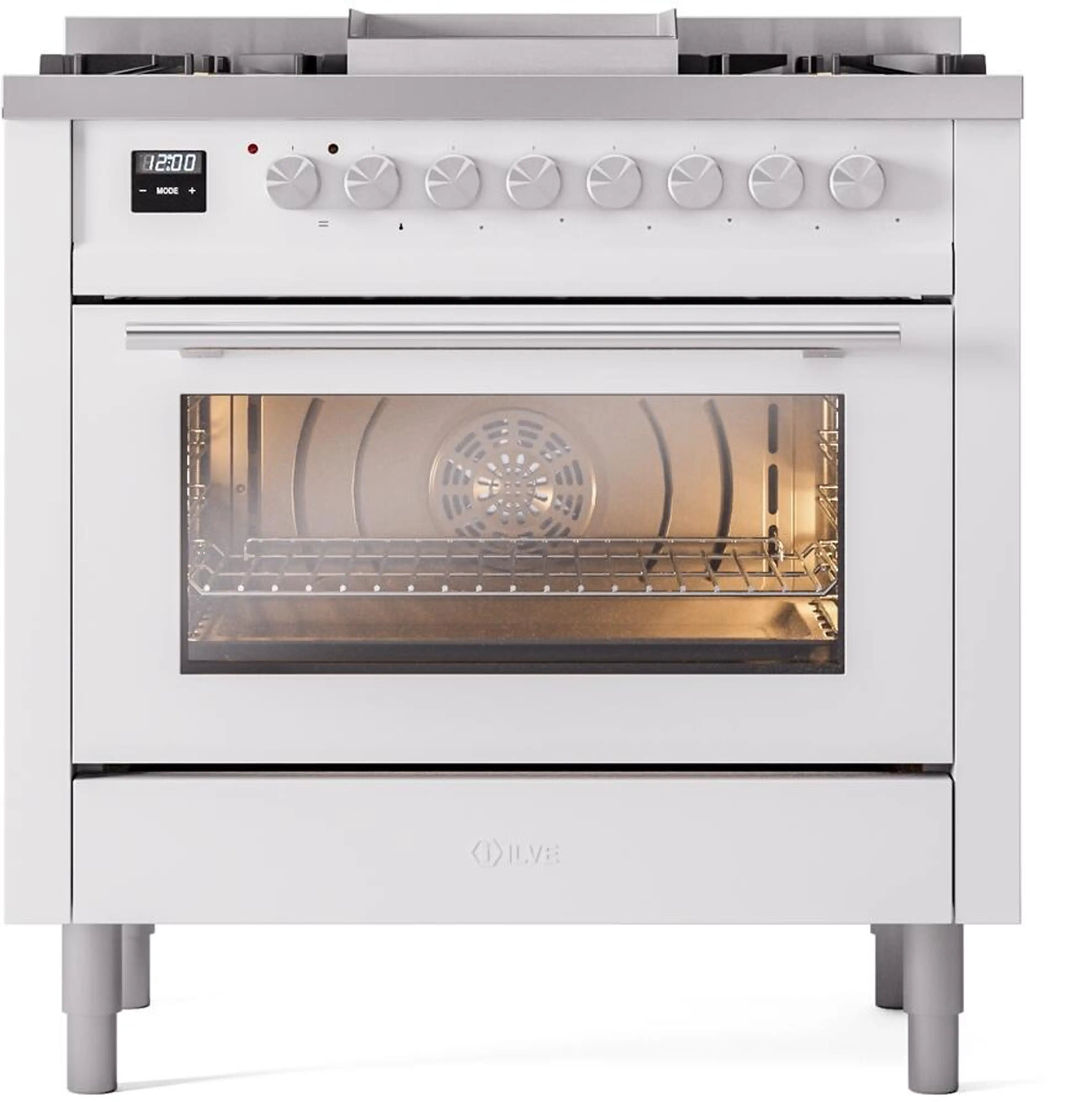 Freestanding gas range with white finish, front panel controls and oven window view