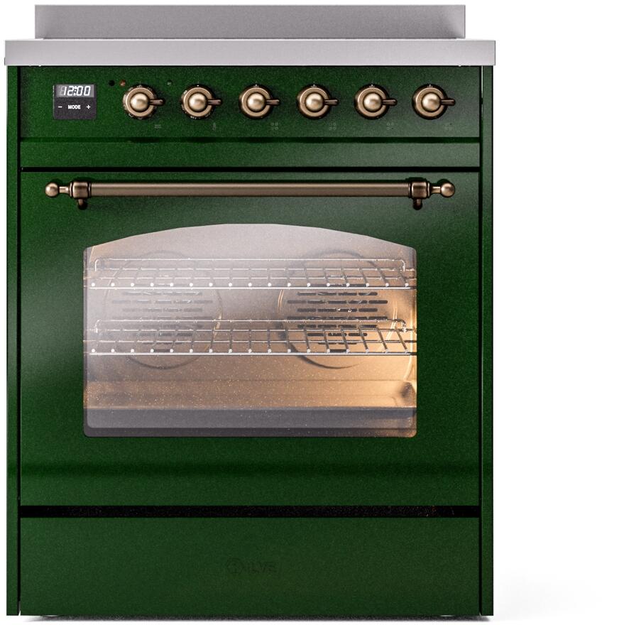Emerald green freestanding electric induction range with bronze-trim oven door and knobs