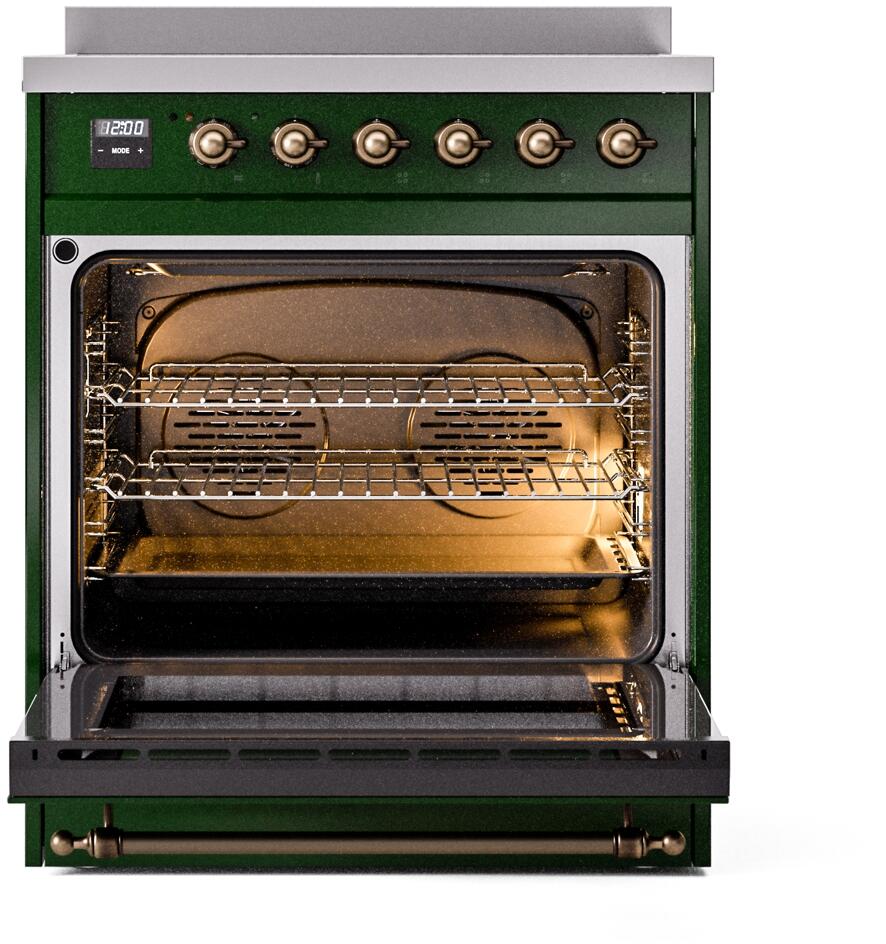 Emerald green electric induction range with open oven door, racks, and bronze control knobs